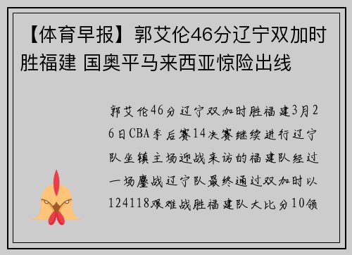 【体育早报】郭艾伦46分辽宁双加时胜福建 国奥平马来西亚惊险出线